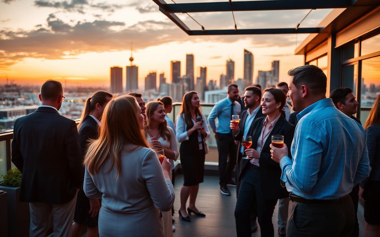 Business professionals networking at a rooftop JBA Sundowners event at sunset